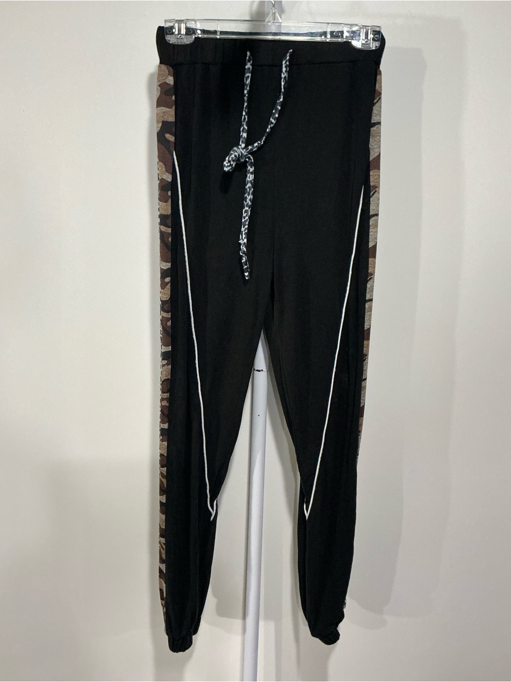 POL Black Joggers with Camouflage Side Stripes and White Piping